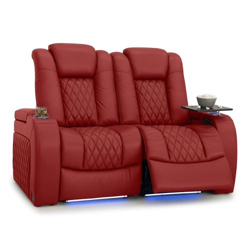 Image of Seatcraft Diamante Red Italian Leather Home Theater Seating, Zero Gravity Power Recliner Gaming and Home Office Chair, Powered Headrest Lounge Sofa Furniture for Cinema Room, Row of 2 Loveseats