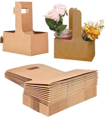 50PCS 2 Cup Disposable Drink Carrier with Handle, Floral Wrap Packing Gift Box, Portable Take Out Cup Carriers for Delivery Coffee Beverage, Kraft Paperboard Cup Holder for Hot or Cold Drinks