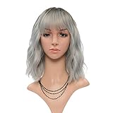 Wavy Wig Short Bob Wigs With Air Bangs 14 Inch Women's Short Wig Curly Wavy Synthetic Cosplay Wig for Girl Costume Wigs Dark Root ombre grey