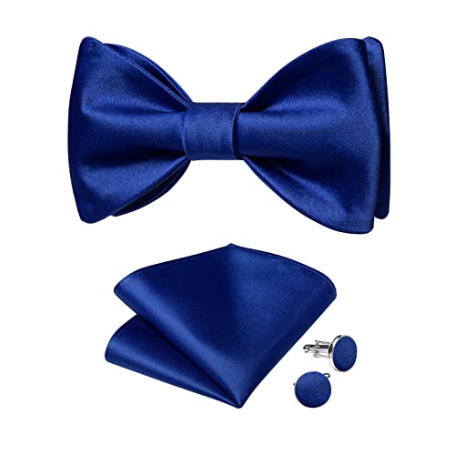 DiBanGu Mens Royal Blue Satin Self Bow Ties Woven Solid Bowtie and Pocket Square Cufflinks Set for Men Tuxedo Wedding