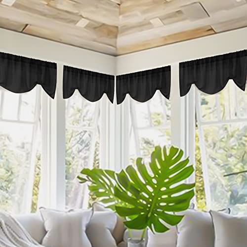 Home Queen Linen Look Tie Up Valance Curtain, Burlap Valences for Home Decoration, Length Adjustable Sheer Drape for Office and Bedroom, 4 Pieces, Black