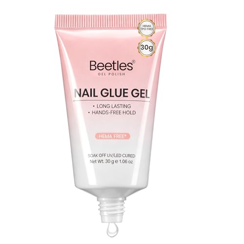 Beetles 30g Solid Nail Glue Gel Hema-Free & TPO Free Super Strong Nail Glue for Nail Tips Clear Press On Nails Wide-Nozzle No-Run Medium Viscosity UV/LED Lamp Required Sensitive Skin-Friendly