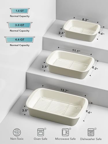 Image of LE TAUCI Deep Casserole Dishes for Oven, 13.7 inchx9.6 inch Ceramic Baking Dish Set with Roasting Racks, Large Lasagna Pans with Handles, Rectangular Bakeware as Gift for Mom, Oatmeal Greige (4.6QT /3.0QT /1.6QT), Set of 3