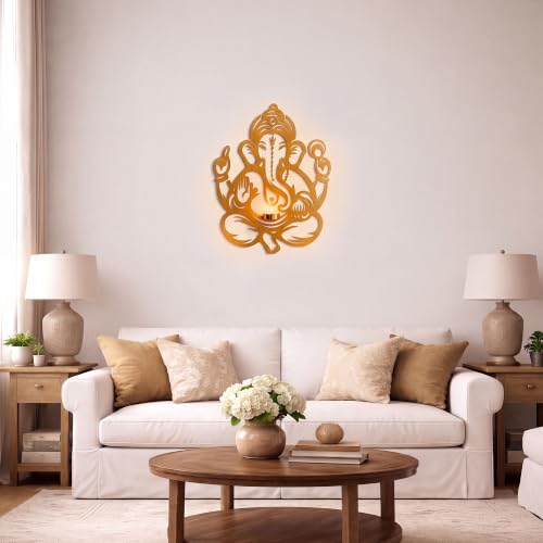 Image of Metal Lord Ganesha Wall Decor with Tealight Candle Holder | Gold Powder Coated Iron Wall Hanging for Living Room, Pooja Room & Home Decor | 14 x 18 Inch