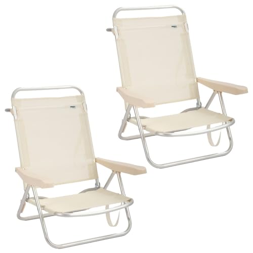 LOLAhome 2 sillas Playa Plegables Beige Camping Bajas reclinables 4 Posiciones Aluminio con Respaldo-Asiento