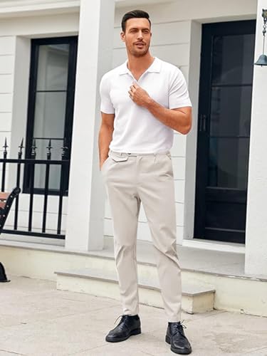 Image of Mens Chinos Slim Fit Pants Stretch Tapered Dress Pant Casual Trousers | Skinny Slacks, Flat Front Design, Stretch Cotton Fabric, Solid or Plaid, Work Dress Pants, Business Casual Wear