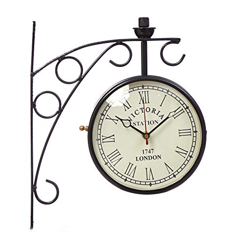 Image of YMRR Double-Sided Vintage Station Wall Clock | Victoria Style Antique Metal Hanging Clock for Home Decor | Railway Platform Design | Decorative Analog Clock for Living Room & Office, (8 inch)
