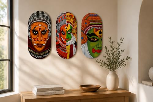 Image of Dakshestry Artworks Kathakali Wall Art Set of 3 Frames | Kerala Traditional Face Painting Wall Decor | Premium Oval Framed Artwork for Living Room, Hallway & Office | Indian Cultural Home Decoration | Ready to Hang