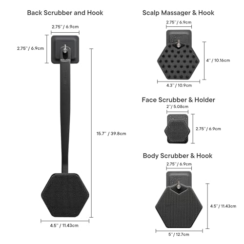 TOOLETRIES The Scrub King-Silicone Scrubber Set for Men-Includes Back &Blood_Circulation Scrubbers,Face Body Brush,Scalp Massager,3 Storage Hooks,& Holder-Shower&Bathroom Hygiene Accessories-Charcoal