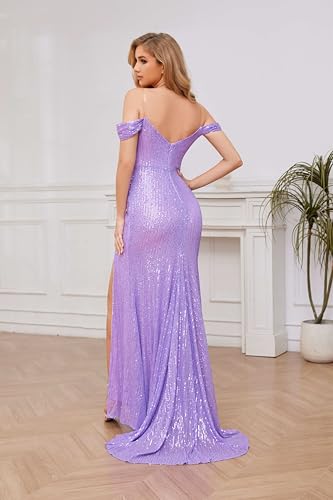 GUKARLEED Women's Sequin Prom Dresses for Teens Sparkly Off The Shoulder Satin Ball Gown Backless High Slit Formal Dress 20254