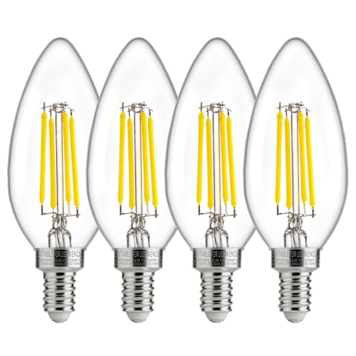 FLSNT Dusk to Dawn Outdoor Sensor LED Edison Bulbs, 4W (40W Eqv.), 450LM, Clear B11 LED Candelabra Bulb E12 Base, Auto On/Off Photocell for Energy-Efficient, 5000K Daylight, 4 Pack