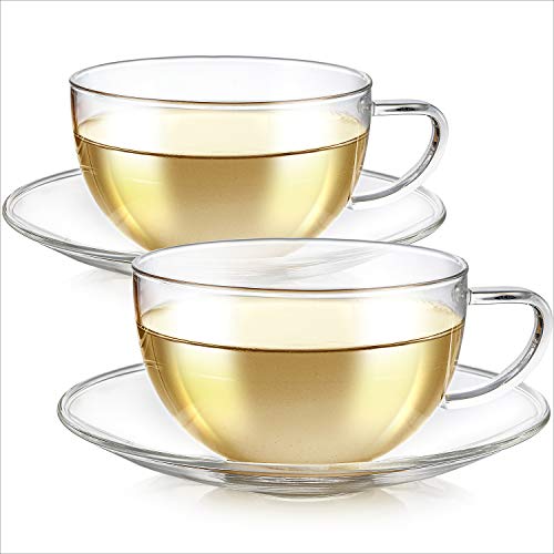 Teabloom Kyoto Teacup And Saucer Set 2-Pack – Large Size – 12 Oz/ 350 Ml Capacity – Crystal Clear Design –– Healthful Premium Borosilicate Glass – Heat Resistant, Microwave Safe – Glass Mug Set #TOP6