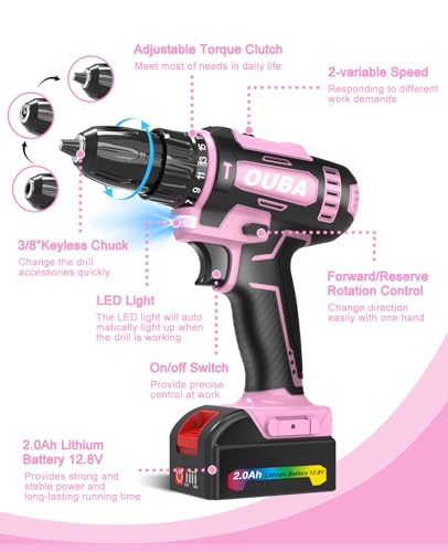 OUBA Cordless Drill Set, 12.8V Lithium Lon Power Drill Cordless with Battery and Charger, 2 Variable Speeds, 3/8\" Keyless Chuck, 25+3 Torque Setting, Built-In LED, Electric Drills for Home (Pink) - Thumbnail 2