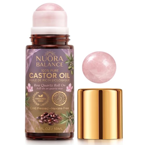 Nuora Balance Organic Castor Oil Rose Quartz Roller Ball –100% Pure Cold Pressed Hexane Free Roll On for Face, Brows, Lashes & Dry Skin |