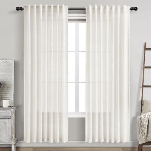 Image of Beige White Linen Curtains 80 Inch Long for Bedroom Back Tab, Filters Light Privacy Transparent Curtains Modern Farmhouse Coastal Decor for Sliding Glass Doors 2 Panels 52x80