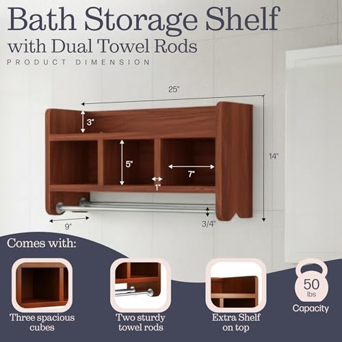 Alaterre Furniture 25-Inch Bath Storage Shelf with Dual Towel Rods -Wall Mounted Organizer with 3 Cubbies, Raised Edge Top Shelf, Coordinates with Bath Collection, Hanging Hardware Included(Chestnut) by Alaterre Furniture - Image 3