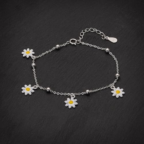 Sterling Silver Daisy Flower Bracelet, 925 Rhodium Plated, 4 Enamel Charms, 1.3 inch Extension3