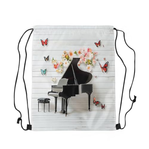 jejeloiu Piano Drawstring Backpack 13x15.7inch Romantic Classic Music Gym String Bag Butterfly Vintage Wood Decor Sports Drawstring Sackpack