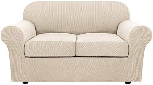 3 Piece Stretch Sofa Covers for 2 Cushion Loveseat Couch Covers for Living Room Sofa Slipcovers Furniture Cover (Base Cover Plus 2 Seat Cushion Covers) Thicker Jacquard Fabric(Medium Sofa, Natural)
