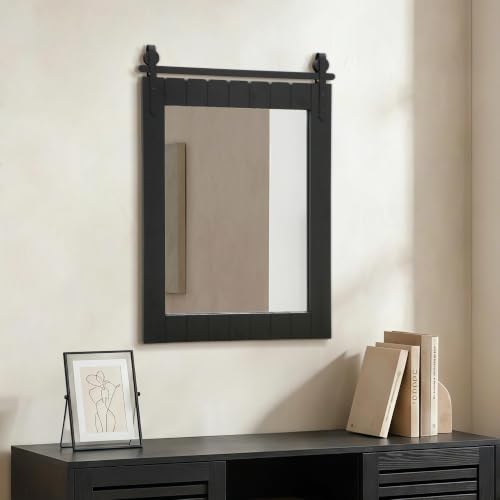 Image of Besdomus Rustic Bathroom Farmhouse Mirror: 22 inchx30 inch Black Barn Door Mirror | No Assembly Required - Solid Wood Frame - Wall Mounted for Over Sink /Bedroom /Entryway /Living Room - Ideal for Home Renovation