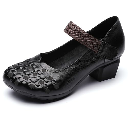 Women's Leather Printed Chunky Heel Mary Jane Shoes, Fashion Vintage Closed Wide Toe Adjustable Hook and Loop Low Block Heel Pumps, Comfortable Breathable Casual Backless Mom Pumps