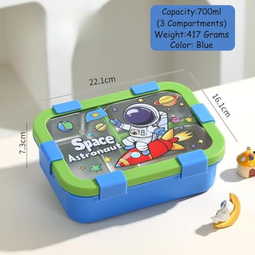 Image of 700ML Kids Lunch Box - 3 Compartment Space Astronaut Blue Tiffin Box with Leakproof Clip Locks BPA-Free, Durable Food Storage Container for School, Travel & Picnic - Blue