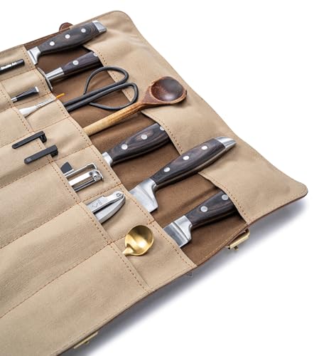 Angus Stoke Mallette à couteaux pour couteaux de cuisine en cuir de buffle | Râtelier à couteaux en cuir à 14 compartiments pour les cuisiniers – Grand étui à couteaux duplex, marron, 40 x 38 cm – vue 7