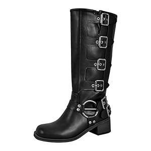 【BLACKUP】Cycle Biker Long Boots Amazon.com | sexytag Combat Riding Boots for Women Knee High