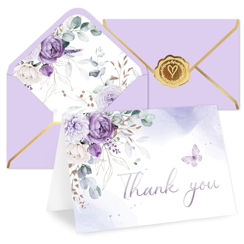 Cartes de remerciement violettes floral Whaline : lot de 50 avec enveloppes autocollantes 10x15