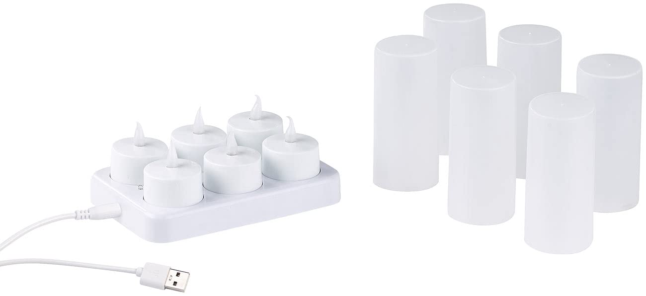 Lunartec Dekoglas Teelichter: 3er-Set, je 6 LED-Akku-Teelichter, flackernde Flamme, Teelichthalter (mit beweglicher Flamme, LED-Lichter mit Ladestation, Akkus)