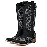 Picture of HISEA Rollda Cowboy Boots for Women Western Cowgirl Boots with Chunky Heel Ladies Snip Toe Mid-Calf Boots Metal Black Size 10