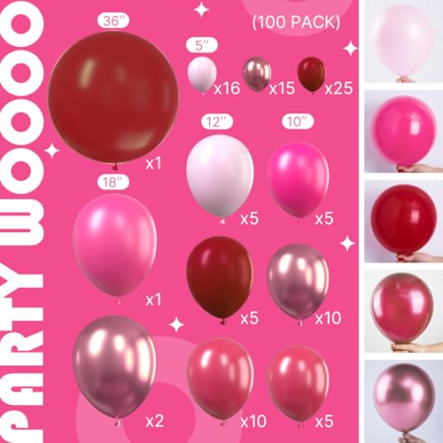 Image of PartyWoo Pink Balloon Garland, 100 pcs Shades of Pink Different Sizes Pack of 36 Inch 18 Inch 12 Inch 10 Inch 5 Inch for Balloon Garland or Balloon Arch as Party Decorations, Birthday Decorations