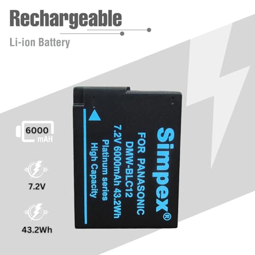 Image of Simpex DMW-BLC12 Lithum-ion 6000mAh Rechargeable Battery for Panasonic Lumix FZ200, FZ300, FZ330, FZ1000, FZ2000, FZ2500, GH2, G5, G6, G7, G80, G85, GX8.