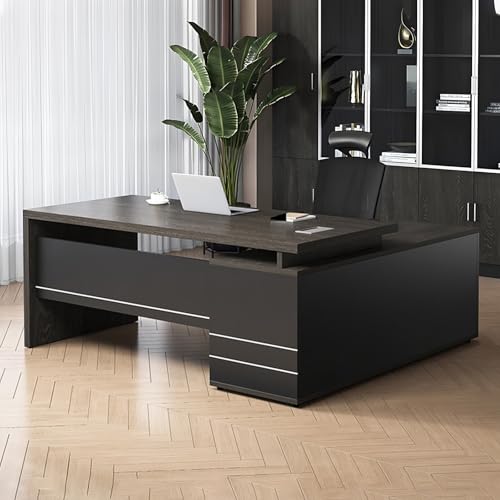 法人様向け 社長デスク L字デスク 長さ140-200CM オフィス 配線ボックス付き ロッカー収納一体型 社長テーブル エグゼクティブ 木目調 トップ 役員 会議用テーブル 書斎机 企業やホーム使用に最適 グレイオーク 長さ140×幅60×高さ75CM