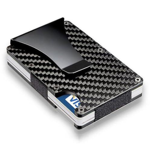 Yuehuam Cartera delgada para hombre con clip para dinero y tarjetero de crédito, bloqueo RFID, cartera de fibra de carbono, clip para dinero, soporte minimalista desplegable para tarjetas de hasta 12