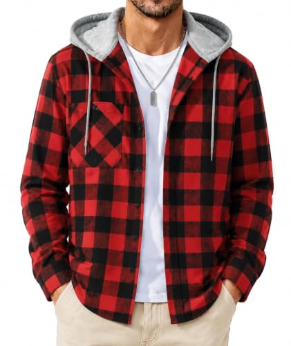Image of SCODI Mens Flannel Hoodie Shirt Casual Button Down Plaid Long Sleeve Shirts