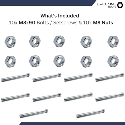M8 Nuts & Bolt 10 Pack (M8 x 90mm Bolts & M8 Nuts) Hex Bolt/Setscrew Fully Threaded, Silver - Image 2