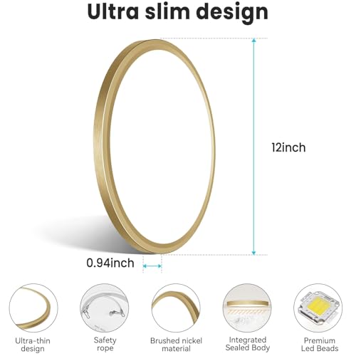 Image of libtit 12 Inch LED Ceiling Light Golden, 28W 3200lm Aureate Flush Mount Ceiling Light, 3 Color Temperature 3000K /4500K /6000K, Gilded Round Flat Light Fixture for Kitchen Bathroom Shower