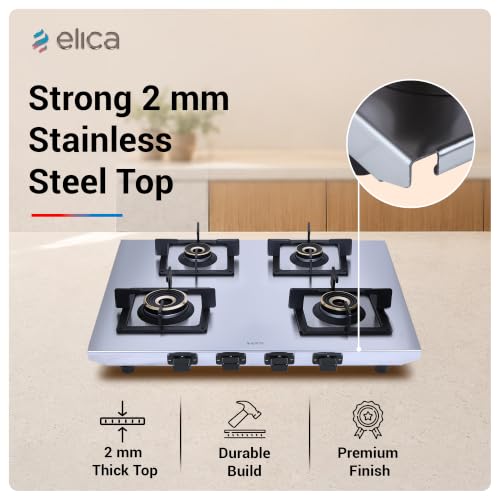Image of Elica 4 Burner 2mm Stainless Steel Gas Stove | INOX HD 4B 69 SG | 69cm Compact Layout, Forged Brass Burners - 1 Jumbo 1 Medium & 2 Small Burners, Square Grid Pan Support, 2 Yr Warranty
