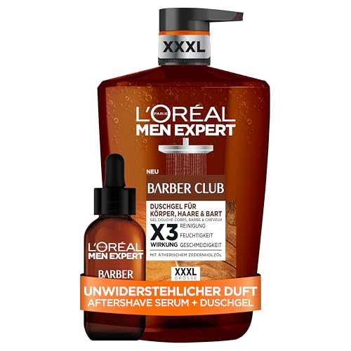 L'Oréal Men Expert Barber Club Set: XXXL Duschgel (1000ml) & After Shave Serum (30ml), Routine für Körper & Gesicht mit Zedernholzöl & 10% Panthenol gegen Hautirritationen