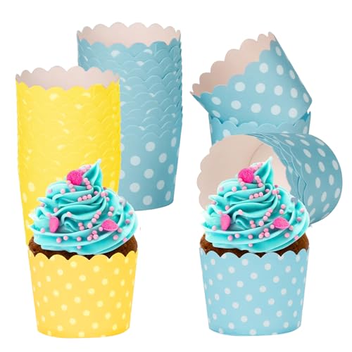 Cupcake Wrapper, 100 Stück Cupcake Liner Fall Wrapper Muffinförmchen Papier Cupcake Backbecher Papierkuchen für Backtage Geburtstage Hochzeiten und Partys Gelb Blau