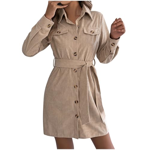 bawilom Womens Corduroy Midi Dress Fall Winter Dressy Casual Long Sleeve V Neck Button Down Belted Shirt Dress with Pockets Khaki