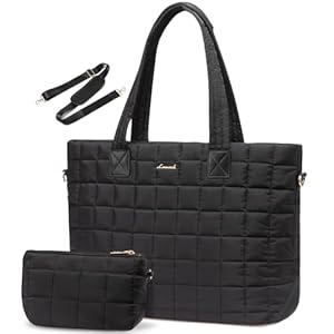 LOVEVOOK Tote Bag for Women, Large Puffer Tote Bag with Zipper Fits 15.6″ Laptop Bag, Quilted Light Work Bag for Women Purse Handbag for Travel Gym Weekend, Black