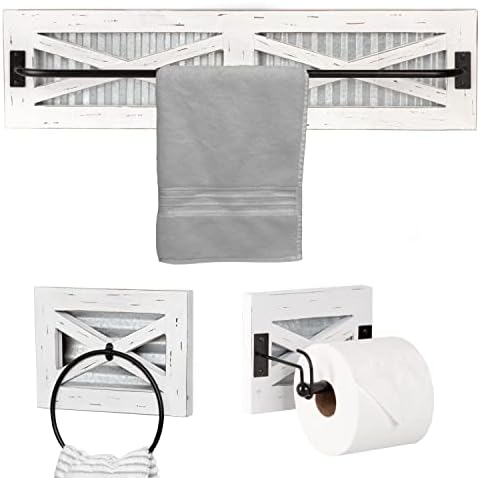 Crutello Rustic Towel Bar Toilet Paper Holder Set with Towel Ring for Bathroom- Wall Mounted Bathroom Racks - Weathered White Wood, Galvanized Backing & Black Metal Bar, Farmhouse Decor Cover