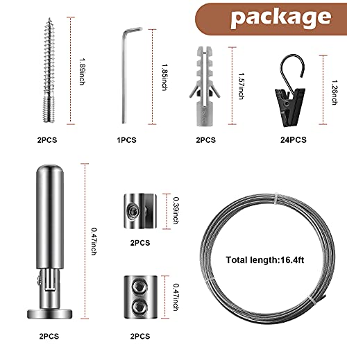 Jetec 196 Inch/ 5 m Wire Curtain Rod Room Divider Hanging System with 48 Clips Adjustable Curtain Drape Wire Rod Set for Tapestry Photo Picture Kids Craft Art Display Wall Window Decor(1 Set)