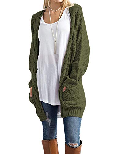 Traleubie Women's Boho Long Sleeve Open Front Chunky Warm Cardigans Pointelle Pullover Sweater Blouses Green S