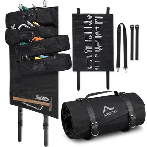 ARCFOX Vintage Oil Waxed Canvas Roll Up Tool Bag Organizer, 25 Pockets Car Tool Roll Bag with 5 Detachable Large Pouches +1 Wrench Pouch, 15L Motorcycle Tools Bag Organizer, Tab Window, Black