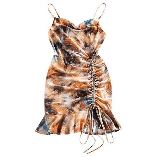 ZAFUL Women s Tie Dye Spaghetti Strap Cowl Neck Side Slit Party Mini Cami Dress (Cinched, M)