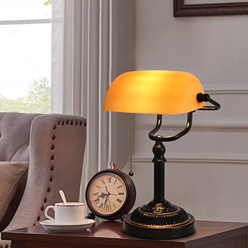Rizzyluz Traditional Bankers Lamp, Vintage Desk Lamp With Usb Port For Home Office Library, Pull Chain Switch, Orange Glass Shade, Oil Rubbed Bronze Color #TOP7