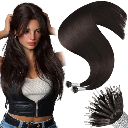 Moresoo Nano Bead Hair Extensions Human Hair, Dark Brown, 24 Inch